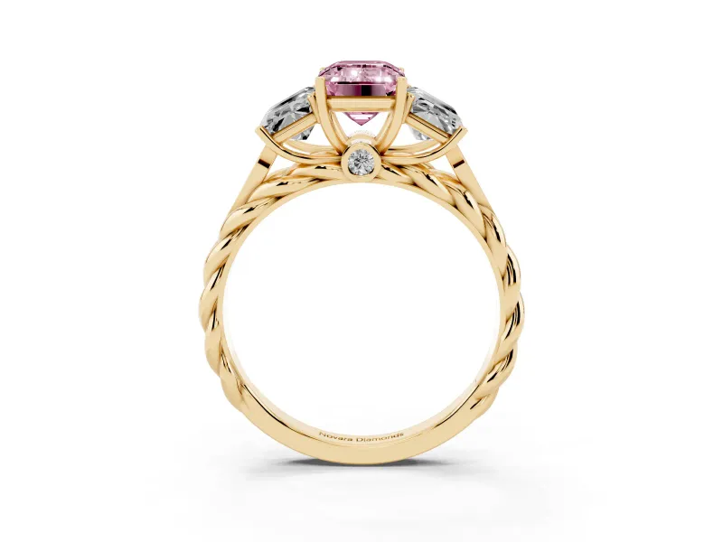 Emerald Cut Three Stone Engagement Ring Setting for a Fancy Pink Lab-Grown Diamond | Braided Band | Yellow Gold