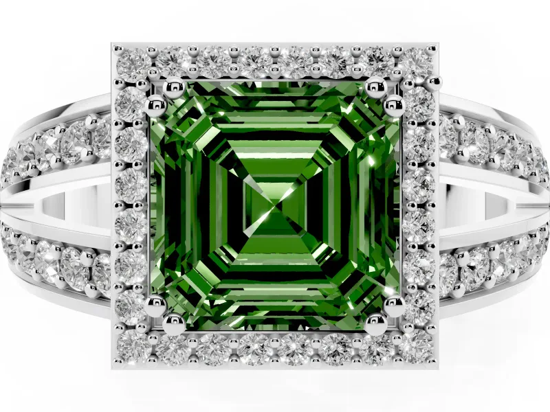 Asscher Cut Halo Engagement Ring Setting for a Fancy Green Lab-Grown Diamond | Two-Row Pave Split Shank | White Gold