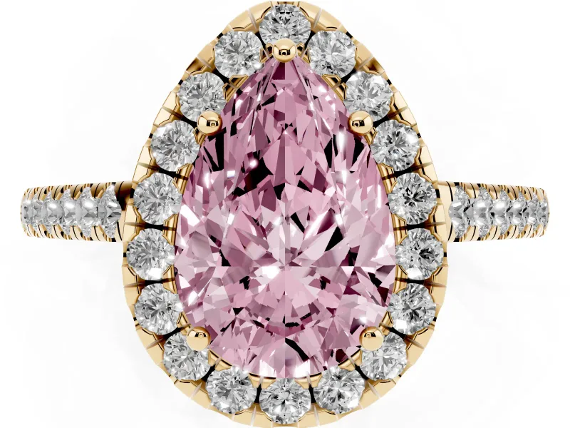 Pear-Shaped Halo Engagement Ring Setting for a Fancy Pink Lab-Grown Diamond | Pave Shoulders | Yellow Gold