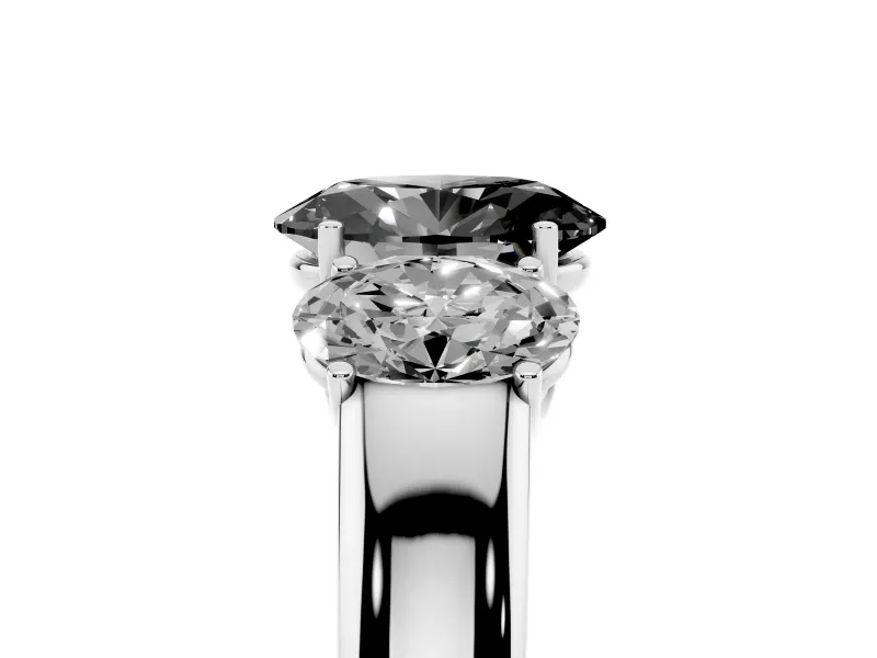 Fancy Black Three-Stone Oval Cut Diamond Ring Set in Silver with Matching Prong Settings and Plain Band