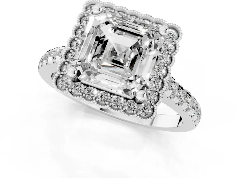 Asscher Cut Diamond Milgrain Floral Halo Engagement Ring Set in Platinum with Pavé Band