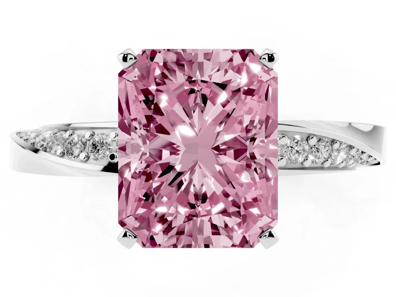 Fancy Pink Radiant Cut Diamond Engagement Ring Set in Silver with Side Stone Accents and Prong Setting