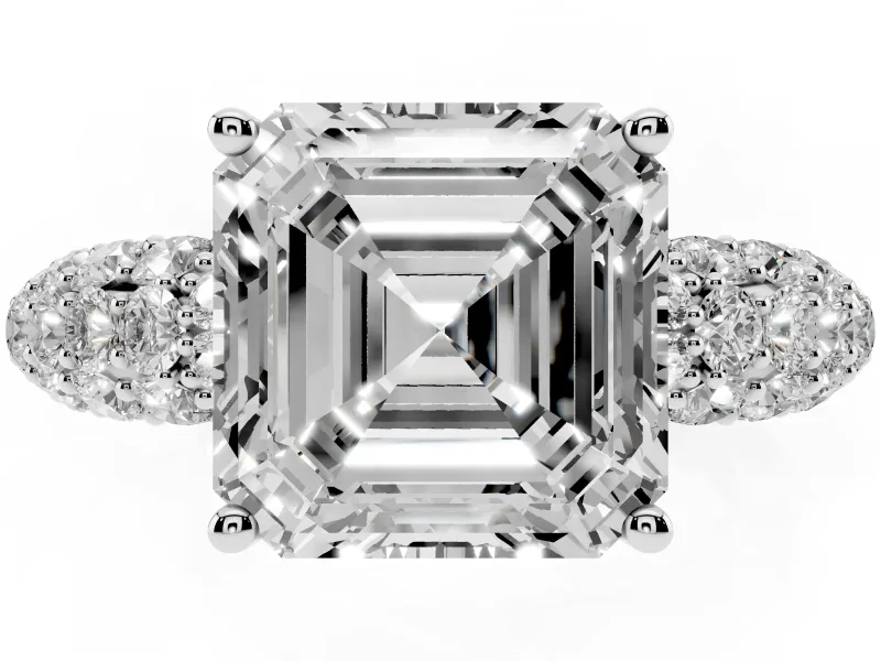 Asscher Cut Multi Row Pave Solitaire Engagement Ring Setting | Domed Shoulders | White Gold