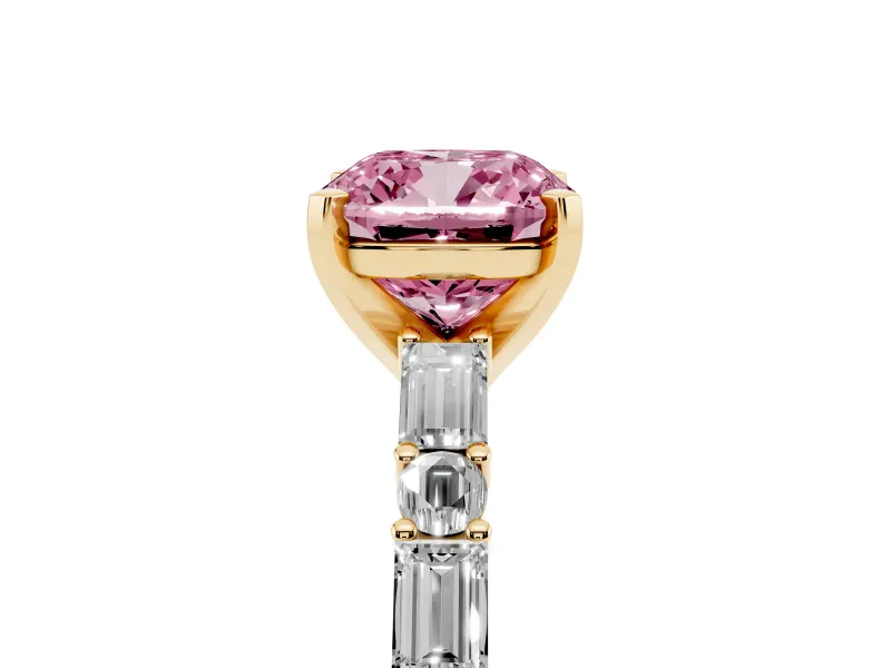 Fancy Pink Cushion Cut Diamond Solitaire Set in Yellow gold with Side Baguettes and Channel Set Band