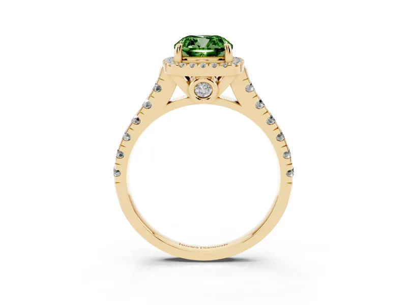 Cushion Cut Accented Halo Engagement Ring Setting for a Fancy Green Lab-Grown Diamond | Yellow Gold