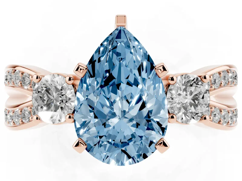 Fancy Blue Three-Stone Pear Cut Diamond Twist Band Ring Set in Rose gold with Pavé Accents and Prong Setting