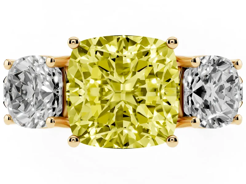 Cushion Cut Three Stone Engagement Ring Setting for a Fancy Yellow Lab-Grown Diamond | Accented Shoulders | Yellow Gold