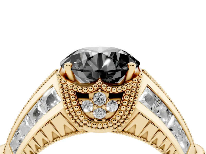 Round Vintage Milgrain Engagement Ring Setting for a Black Center | Hidden Halo | Yellow Gold