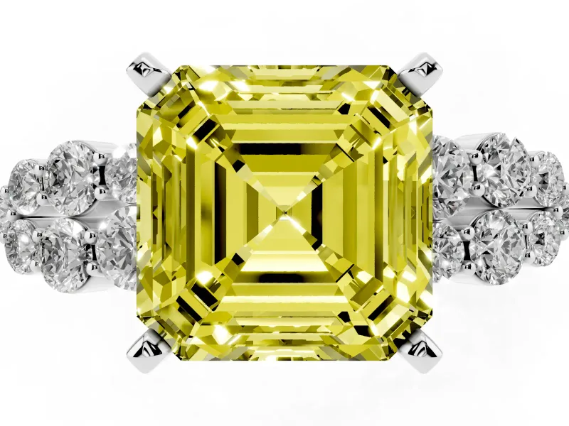 Fancy Yellow Asscher Cut Diamond Cluster Engagement Ring Set in Platinum with Pavé Band and Prong Setting