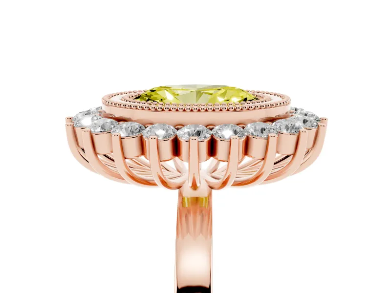 Fancy Yellow Oval Cut Diamond Halo Ring Set in Rose gold with Milgrain Edge and Round Prong Setting
