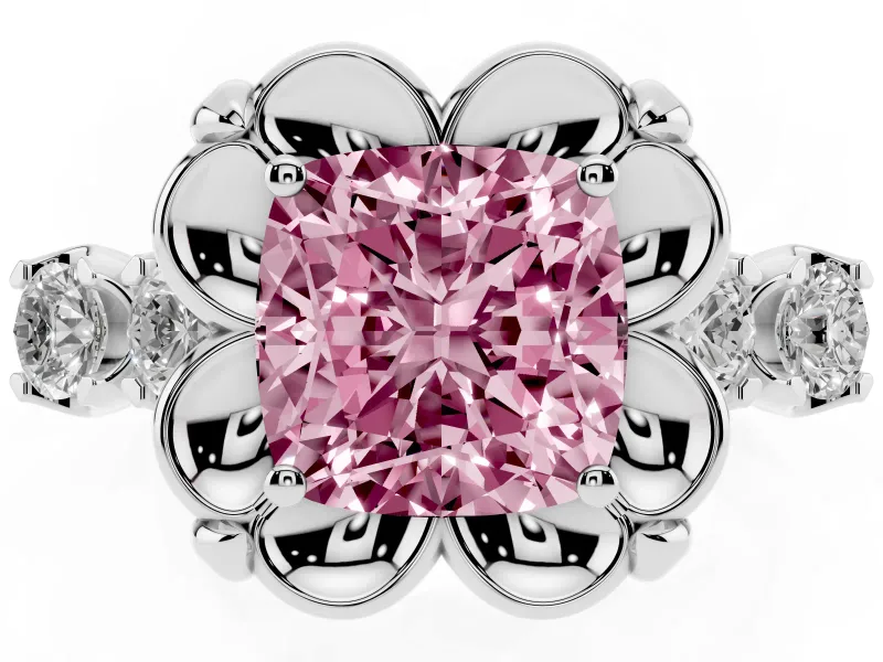 Cushion Cut Floral Engagement Ring Setting for a Fancy Pink Lab-Grown Diamond | Petal Frame and Side Stones | Platinum