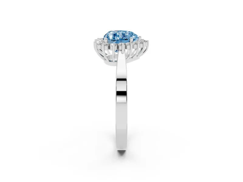 Fancy Blue Heart Cut Diamond Halo Ring Set in White gold with Round Halo and Smooth Solitaire Band