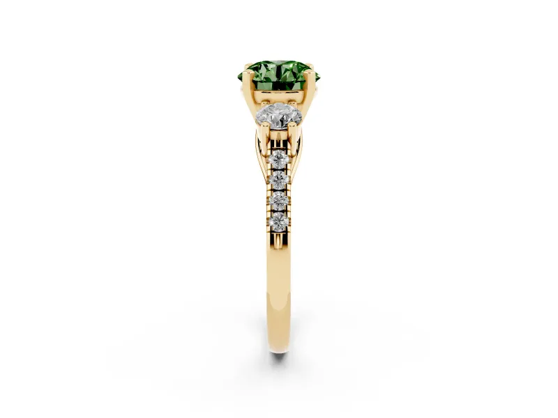 Fancy Green Three-Stone Round Cut Diamond Pavé Band Ring Set in Yellow gold with Prong-Set Trio