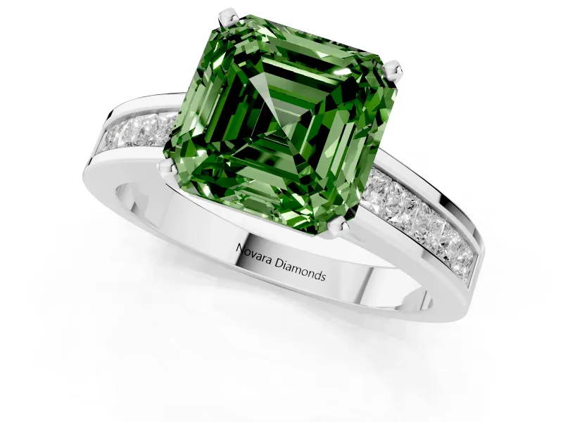 Fancy Green Asscher Cut Diamond Solitaire Ring Set in White gold with Channel-Set Band and Prong Setting