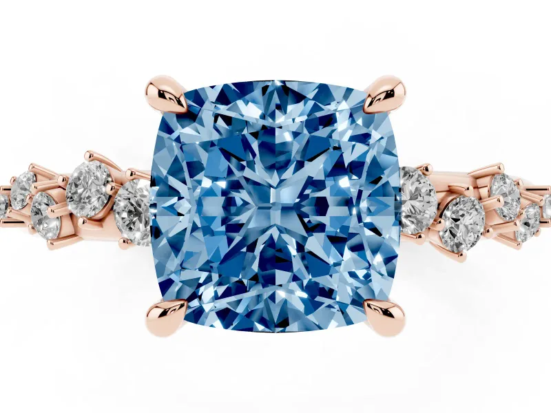 Fancy Blue Cushion Cut Diamond Solitaire Vine Band Ring Set in Rose gold with Round Accents and Prong Setting
