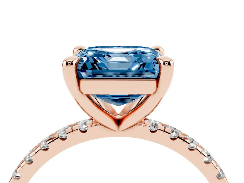 Fancy Blue Asscher Cut Diamond Brilliant Solitaire Ring Set in Rose gold with Pavé Band and Prong Setting
