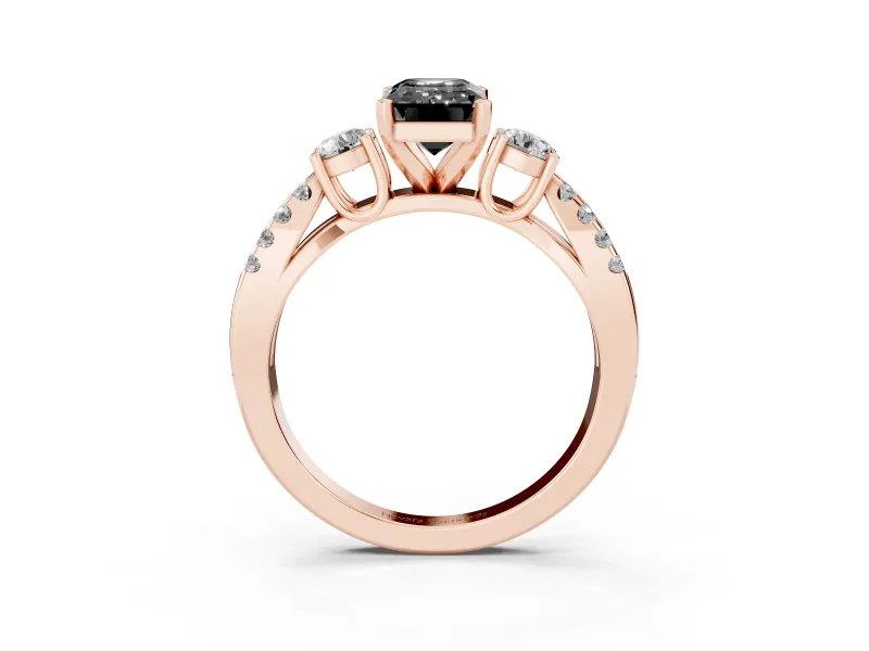 Fancy Black Emerald Cut Diamond Three-Stone Ring Set in Rose gold with Pavé Split Shank and Prong Setting