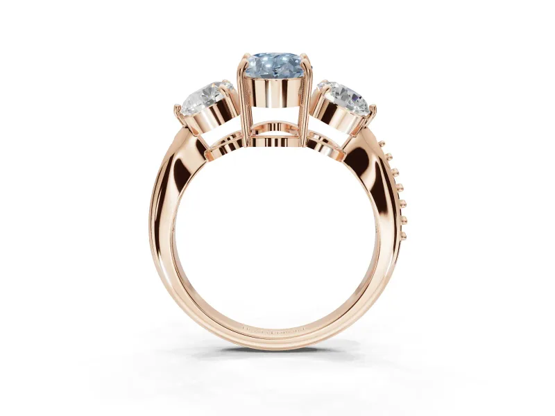 Oval Three Stone Engagement Ring Setting for a Fancy Blue Lab-Grown Diamond | Tapered Pave Band | Rose Gold
