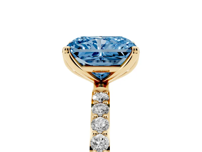 Radiant Cut Pave Solitaire Engagement Ring Setting for a Fancy Blue Lab-Grown Diamond | Slim Band | Yellow Gold