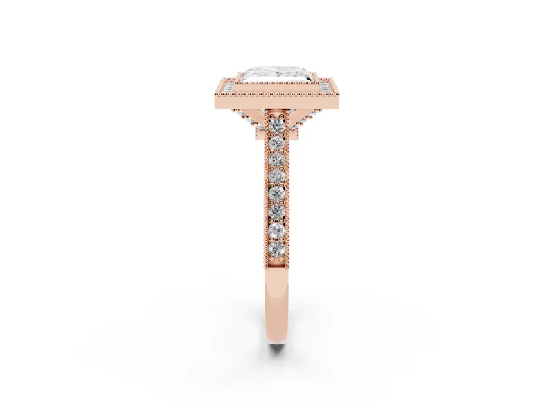 Princess Cut Vintage Milgrain Halo Engagement Ring Setting | Bezel Head | Rose Gold