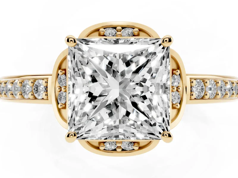 Princess Cut Floral Pavé Engagement Ring Setting | Petal Accents | Yellow Gold