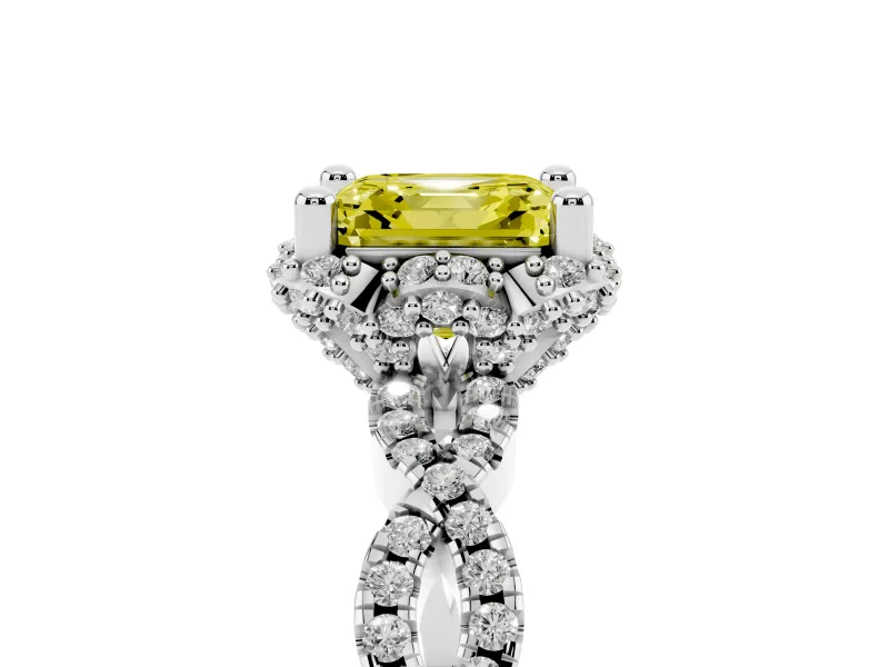 Fancy Yellow Asscher Cut Diamond Halo Twist Band Solitaire Ring Set in White gold with Prong-Set Center Stone