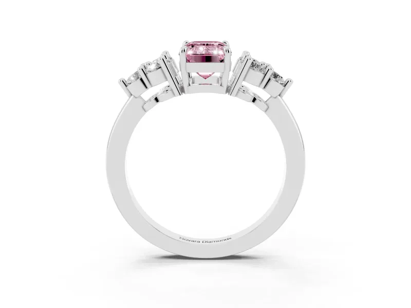 Fancy Pink Emerald Cut Diamond Solitaire Ring Set in Silver with Cluster Accents on Each Side