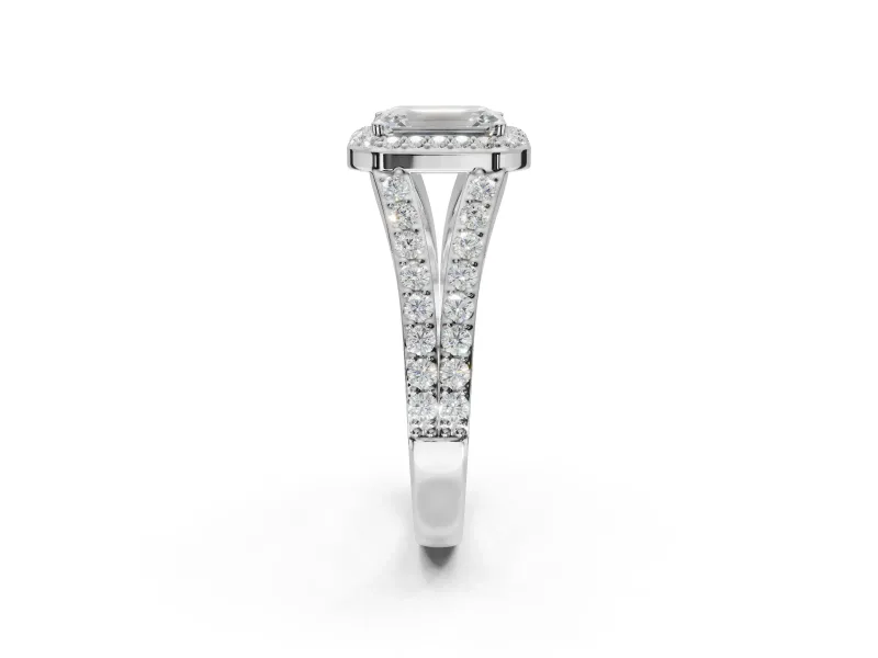 Emerald Cut Halo Pavé Engagement Ring Setting | Narrow Split Shank | Sterling Silver