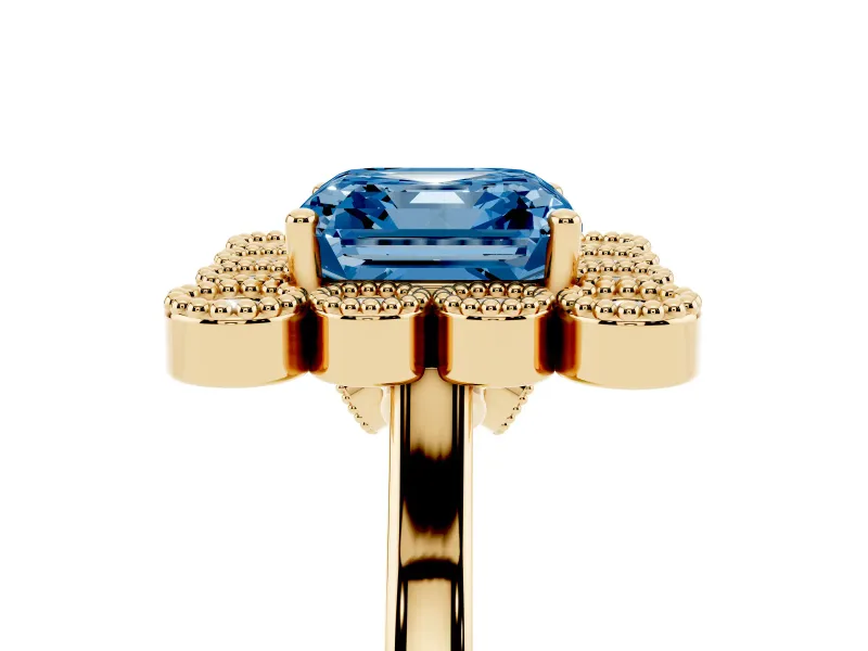 Asscher Cut Milgrain Cluster Halo Engagement Ring Setting for a Fancy Blue Lab-Grown Diamond | Plain Band | Yellow Gold
