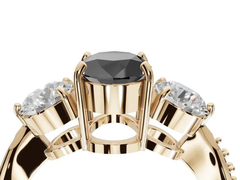 Oval Three Stone Engagement Ring Setting for a Black Center | Tapered Pavé Band | Yellow Gold