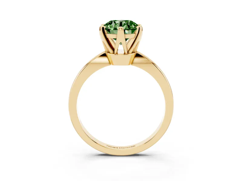 Fancy Green Round Cut Diamond Solitaire Engagement Ring Set in Yellow gold with Slim Tapered Solitaire Band