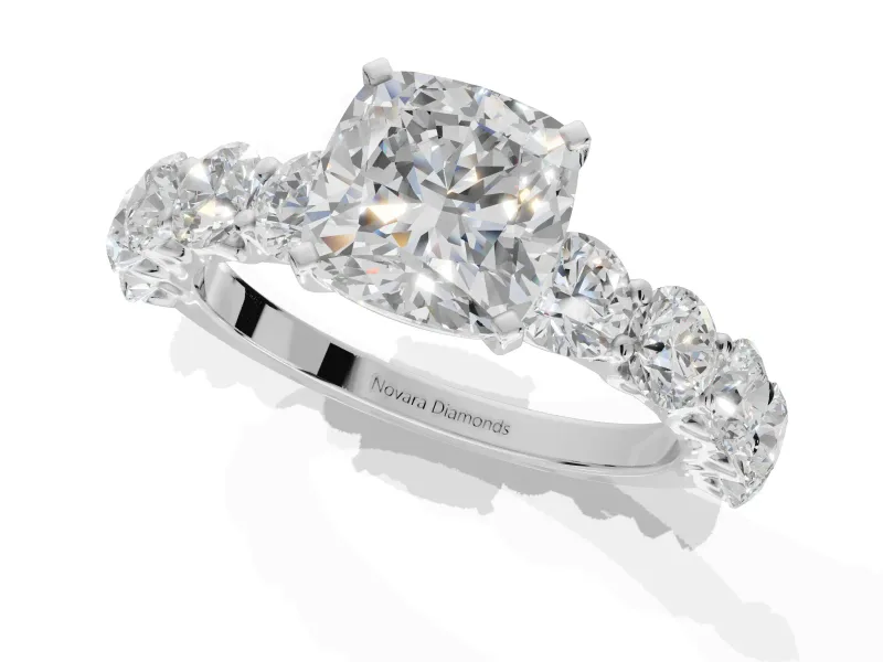 Cushion Cut Side Stone Engagement Ring Setting | Scalloped Prong Accents | White Gold