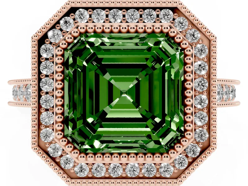 Asscher Cut Vintage Milgrain Halo Engagement Ring Setting for a Fancy Green Lab-Grown Diamond | Bezel Head | Rose Gold