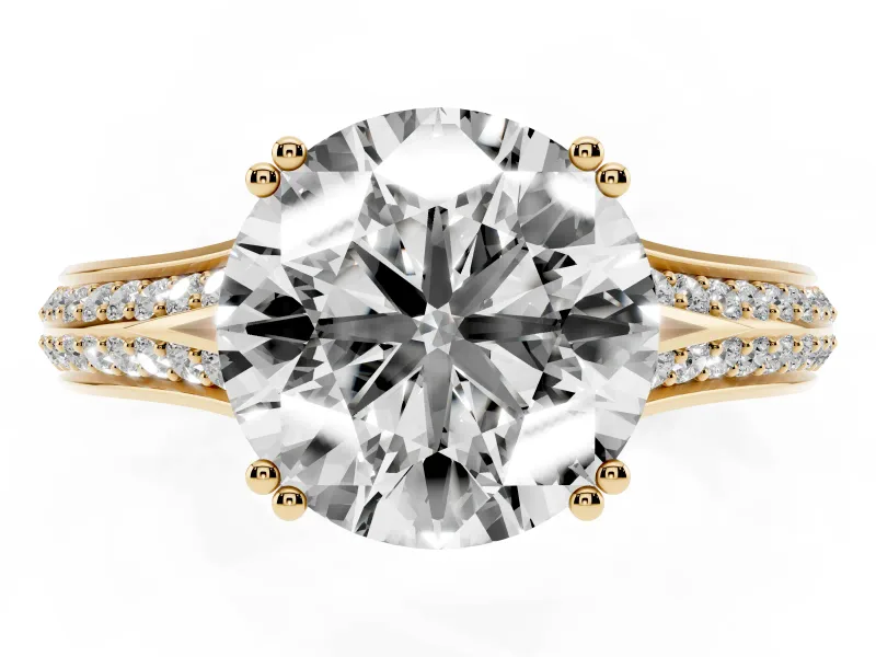 Round Pave Split Shank Engagement Ring Setting | Double Claw Prongs | Yellow Gold