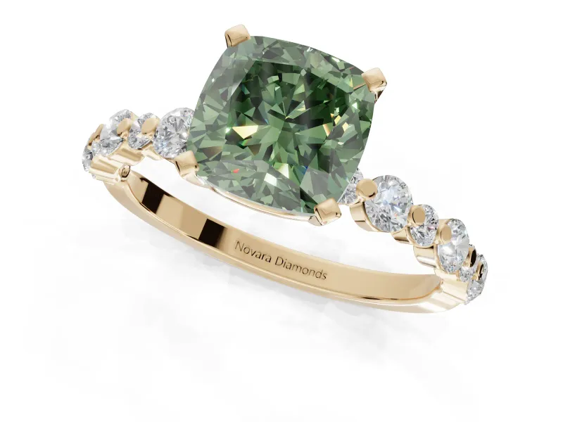 Cushion Cut Pavé Engagement Ring Setting for a Fancy Green Lab-Grown Diamond | Alternating Accents | Yellow Gold