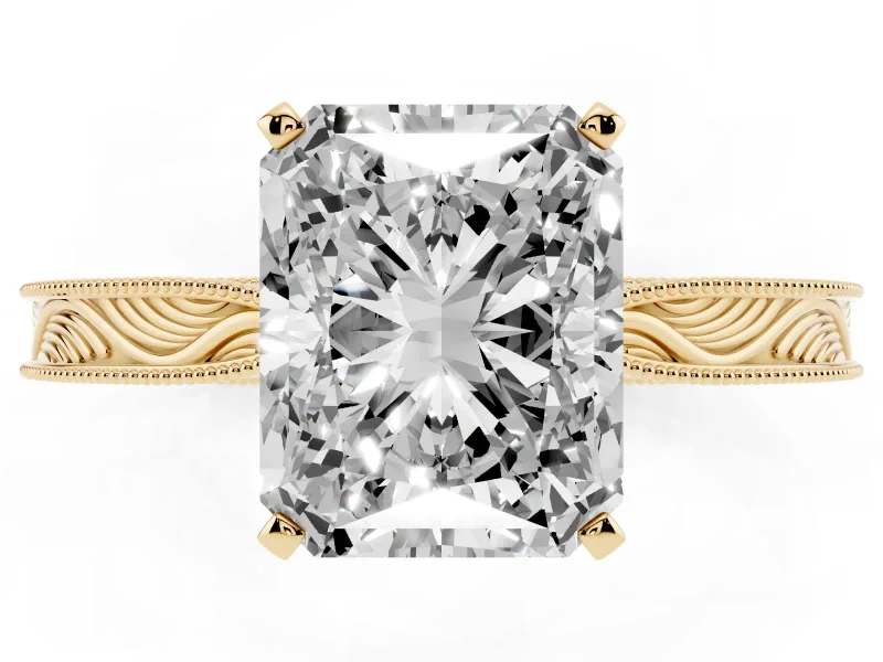 Radiant Cut Diamond Solitaire Milgrain Engraved Band Set in Yellow gold with Prong Setting