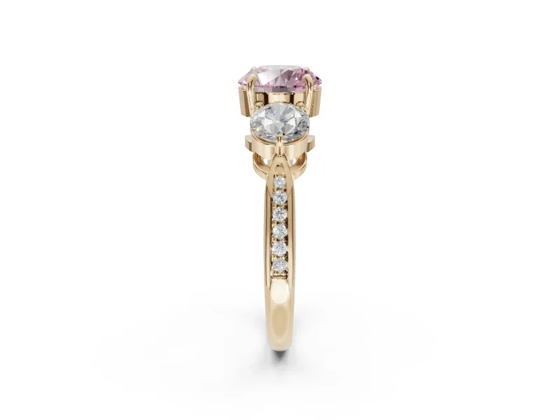 Round Three Stone Engagement Ring Setting for a Fancy Pink Lab-Grown Diamond | Tapered Pave Band | Yellow Gold