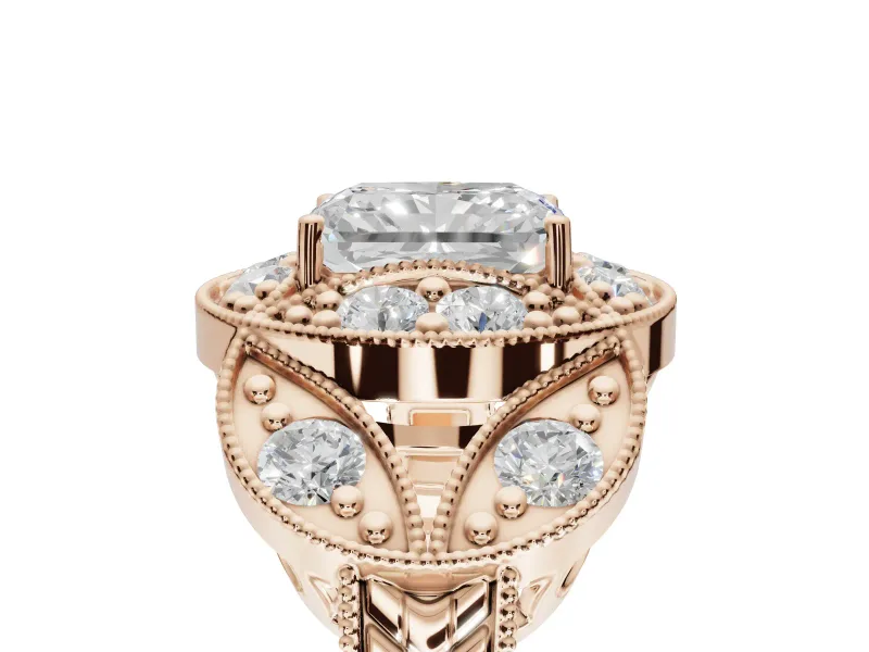 Radiant Cut Vintage Floral Halo Engagement Ring Setting | Engraved Milgrain Band | Rose Gold