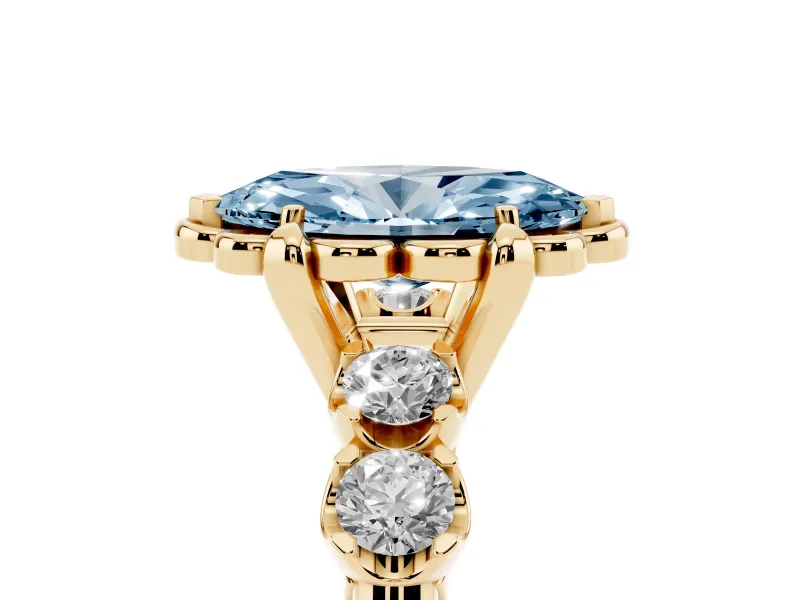 Marquise Floral Engagement Ring Setting for a Fancy Blue Lab-Grown Diamond | Petal Frame and Side Stones | Yellow Gold