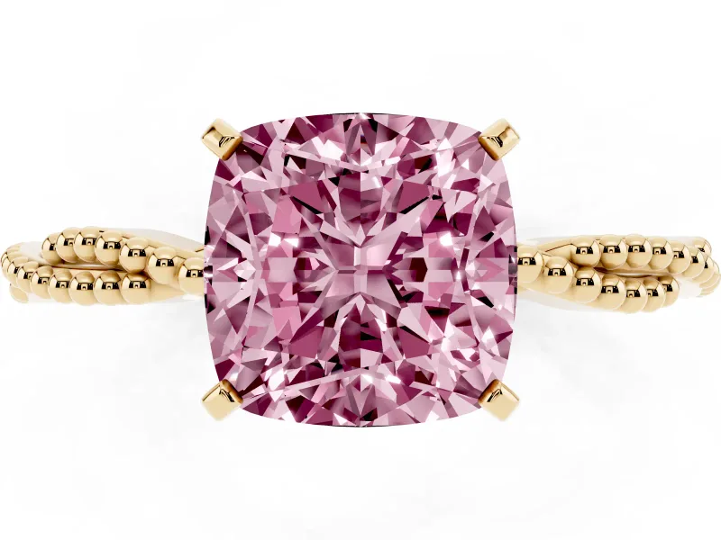 Cushion Cut Twisted Engagement Ring Setting for a Fancy Pink Lab-Grown Diamond | Beaded Twist | Yellow Gold