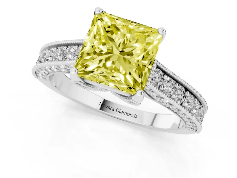 Fancy Yellow Princess Cut Diamond Solitaire Ring Set in Silver with Milgrain-Edged Pavé Band and Prong Setting