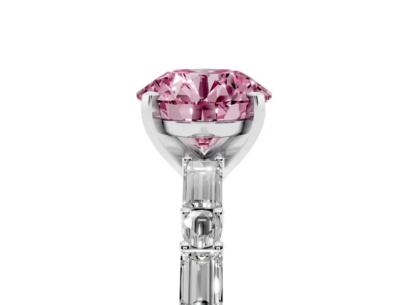 Fancy Pink Round Cut Diamond Solitaire Set in White gold with Side Baguettes and Channel Set Band