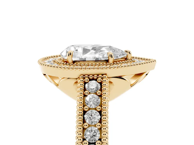 Pear Cut Diamond Halo Ring Set in Yellow gold with Round Accent Halo, Pavé Band and Prong Setting