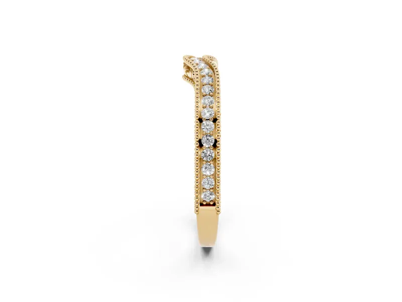 Round Diamond Curved Milgrain Band Set in Yellow gold with Pavé Row
