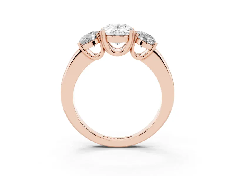 Oval Cut Diamond Three-Stone Ring Set in Rose gold with Polished Band and Prong Setting