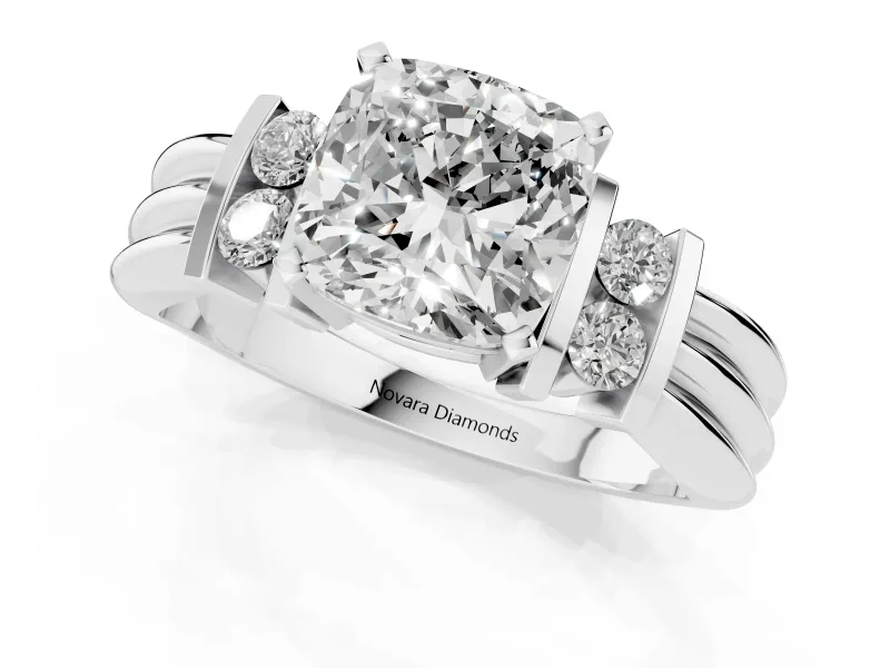 Cushion Cut Bar-Set Accent Engagement Ring Setting | Grooved Band | Sterling Silver