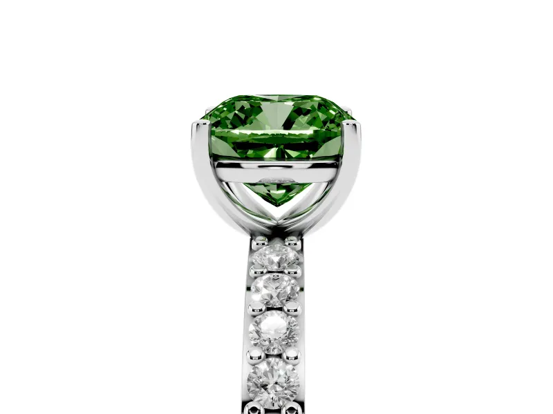 Fancy Green Cushion Cut Diamond Solitaire Set in White gold with Round Pavé Band and Prong Setting