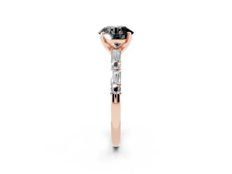Fancy Black Round Cut Diamond Solitaire Set in Rose gold with Side Baguettes and Channel Set Band
