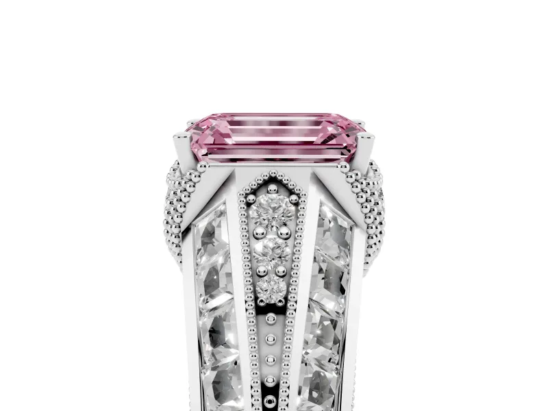 Fancy Pink Emerald Cut Diamond Vintage-Inspired Milgrain Ring Set in White gold with Accent Split Shank