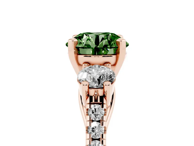 Fancy Green Three-Stone Round Cut Diamond Pavé Band Ring Set in Rose gold with Prong-Set Trio